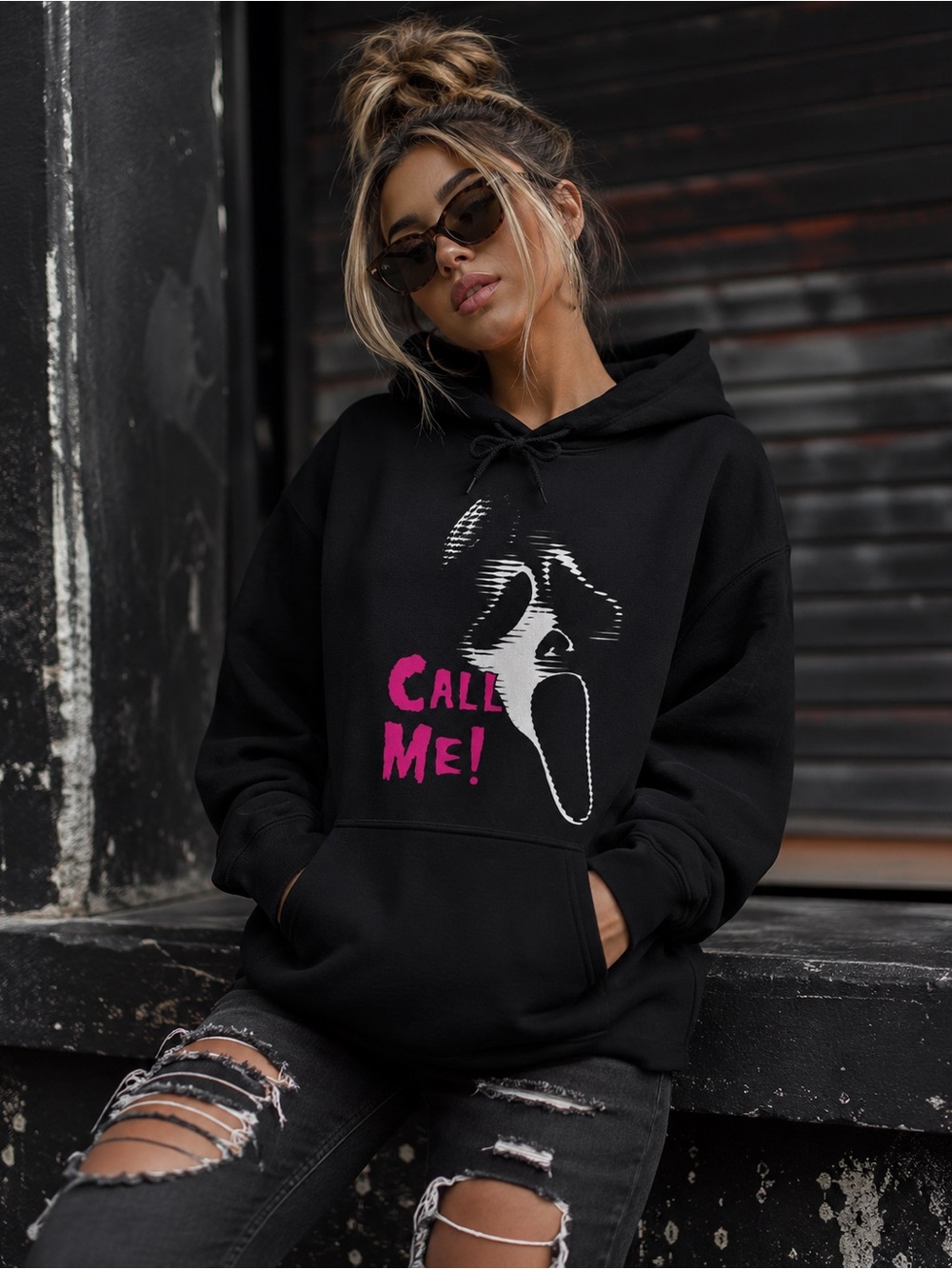 Ghost face Call Me Glitch Graphic Black Kangaroo Hoodie Pullover Horror Scream